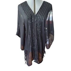 Palm Island Sheer Black Beach Cover Up With Sequins & Drawstring Sides Size S